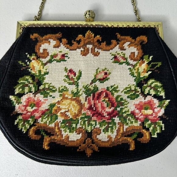 Vintage Handbag Tapestry Needlepoint Evening Framed Black Floral Gold Chain - Picture 2 of 16